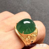 冰种绿晴水翡翠男戒  镶黄18K金蓝宝石