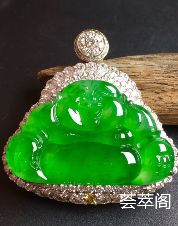 价：【大佛，冰正阳绿】很冰透，‮润水‬细腻，完美，18k金‮华奢‬钻‮镶石‬嵌☕
